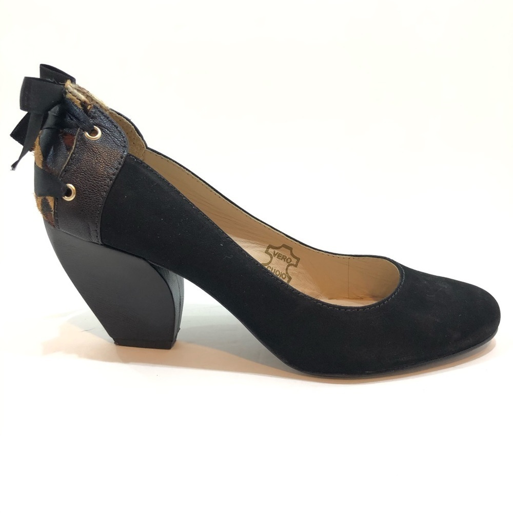 Biondini Black Leopard Calf Bow Block Heels Size 10